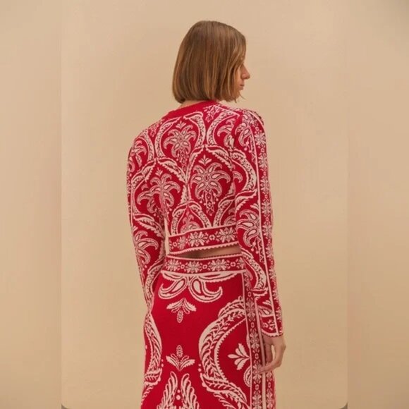 Farm Rio Tropical Jacquard Knit Cardigan Sweater Women's Size XL Red White - Picture 2 of 4